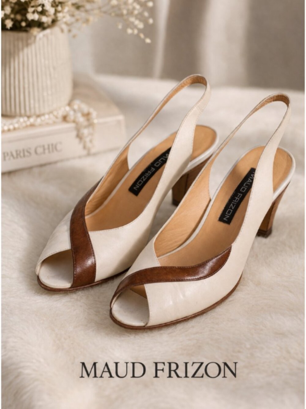 Maud Frizon Vtg Leather Peep Toe Slingback Heels Sz 38 / 7.5 Brown Beige White